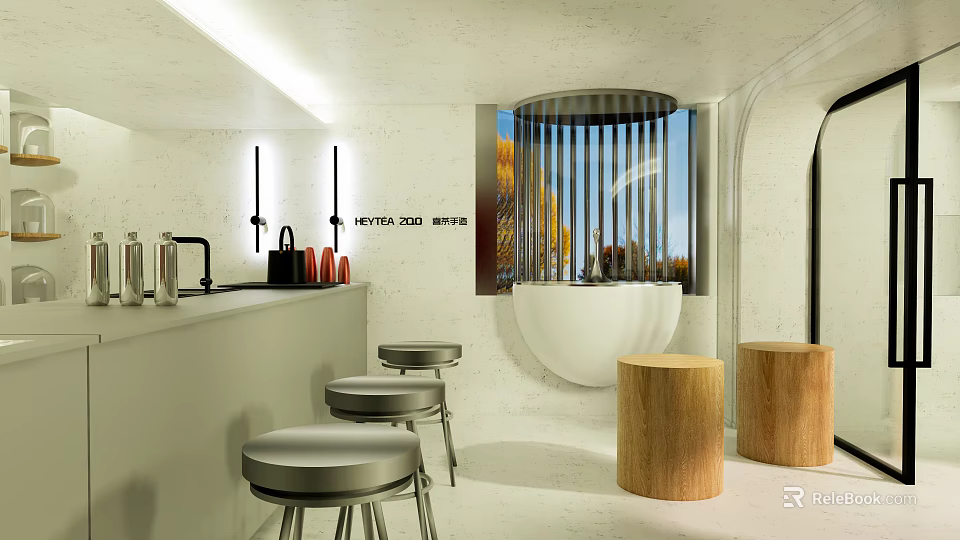 Modern Milk Tea Shop Interior With Bar Counter High Stools And Wooden Seats 3d model 