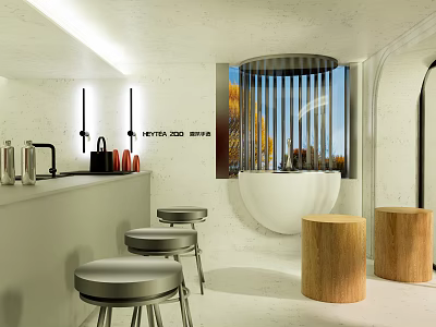 Modern Milk Tea Shop Interior With Bar Counter High Stools And Wooden Seats 3d model