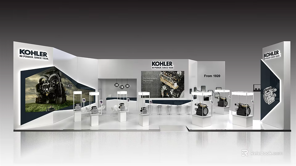 KOHLER Modern Exhibition Booth Displaying Bathroom Products With White Design And Cabinets 3d model 