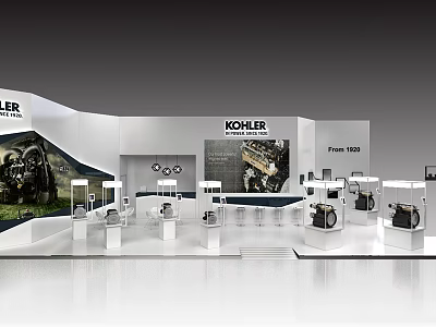 KOHLER Modern Exhibition Booth Displaying Bathroom Products With White Design And Cabinets 3d model