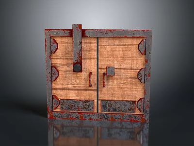 Vintage Wooden Paneled Door With Rusted Metal Frame And Decorative Hinges 3d model