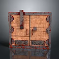 Vintage Wooden Paneled Door With Rusted Metal Frame And Decorative Hinges