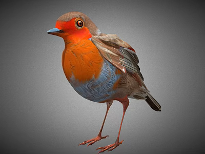 Detailed Robin Bird Standing With Orange Breast Red Beak And Grey Back Feathers 3d model