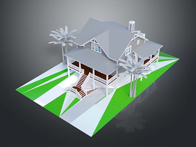 Cartoon Style House Scene With Gray Roof White Walls And Palm Trees On Green Lawn 3d model