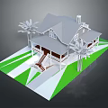 Cartoon Style House Scene With Gray Roof White Walls And Palm Trees On Green Lawn