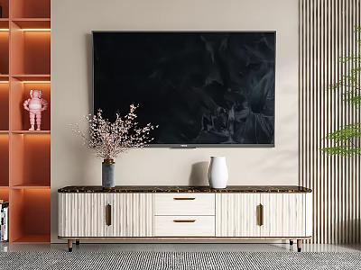 Modern Luxury TV Stand With Storage Drawers And Decorative Vase By Wall Mounted TV 3d model