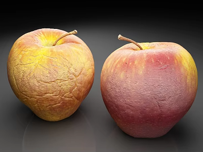 Two Red and Yellow Apples with Wrinkled Cracked Skin on Dark Background 3d model