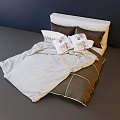 Double Bed With White Headboard White Brown Quilt Patterned Pillows In Dark Blue Wall 3d model