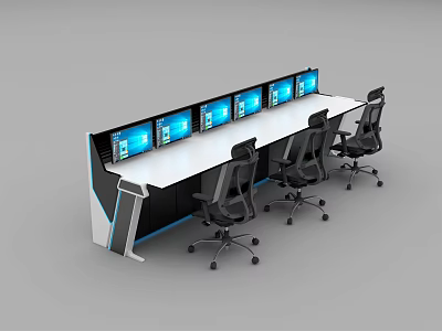Modern Office Desk With Multiple Computer Monitors And Ergonomic Swivel Chairs 3d model