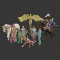 Fantasy Character Figurines Set Featuring Golden Winged Figure Horses Rider And Dog