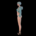 Woman With Short Gray Hair In Blue Bikini Gray Hooded Jacket Wearing Black High Heels