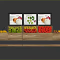 Daily Necessities Wooden Fruit Display Shelf With Fresh Fruits And Digital Screens Showing Vegetable