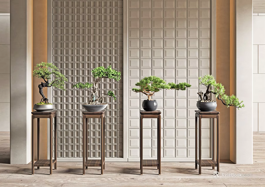 Traditional Bonsai Plants On Wooden Pedestals Against Lattice Wall Background 3d model 