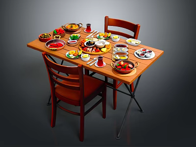 Delicious Assorted Foods On Wooden Dining Table With Plates Fresh Fruits Drinks And Chairs 3d model