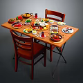 Delicious Assorted Foods On Wooden Dining Table With Plates Fresh Fruits Drinks And Chairs