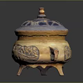 Ornate Antique Ceramic Censer With Carved Patterns Covered Lid Side Handles And Tripod Base