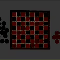 Classic Wooden Chessboard With Red Black Checkered Pattern And Scattered Pieces