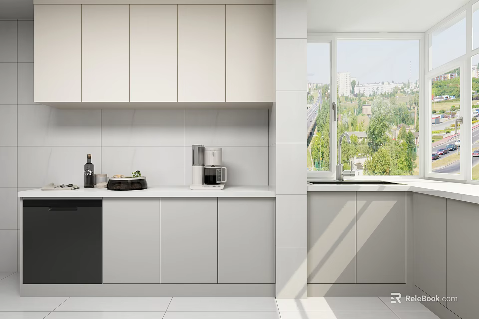 Modern Kitchen With White Cabinets White Wall Tiles Coffee Machine And Window View 3d model 