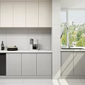Modern Kitchen With White Cabinets White Wall Tiles Coffee Machine And Window View