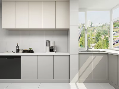 Modern Kitchen With White Cabinets White Wall Tiles Coffee Machine And Window View 3d model