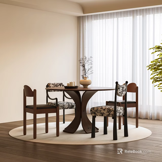 Round Wooden Table and Chair Set with Floral Cushions in Cozy Dining Space 3d model 