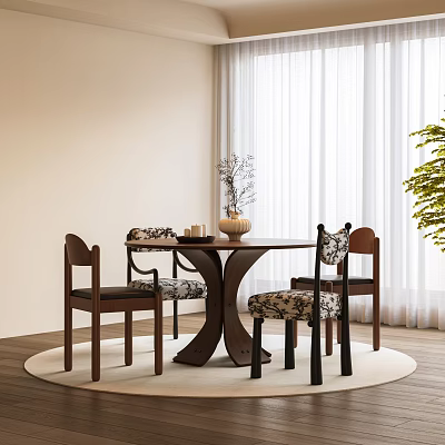 Round Wooden Table and Chair Set with Floral Cushions in Cozy Dining Space 3d model