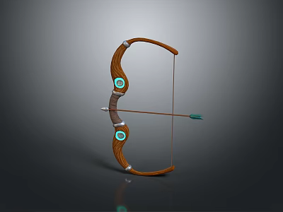 Traditional Wooden Bow With Brown Body Green Circular Decorations And Green Arrow On String 3d model