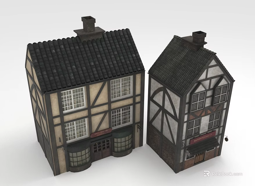 Traditional European Style Half Timbered Buildings With Dark Tile Roofs Chimneys And Decorative Windows 3d model 