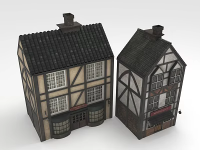 Traditional European Style Half Timbered Buildings With Dark Tile Roofs Chimneys And Decorative Windows 3d model