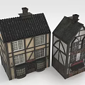 Traditional European Style Half Timbered Buildings With Dark Tile Roofs Chimneys And Decorative Windows
