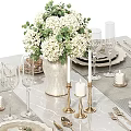 Elegant Tableware Set on Dining Table Gray Linen Runner Plates Napkins Wine Glasses Floral Decor