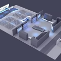 Modern Exhibition Booth Design With Top Display Screen Curved Counter And Side Screens