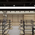 Modern Shopping Mall Retail Store With Wooden Display Shelves And Cashier Counter