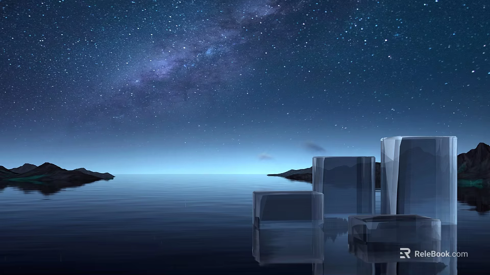 Starry Night Landscape With Milky Way Calm Water Reflections Distant Islands And Glass Cubes 3d model 
