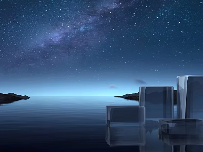 Starry Night Landscape With Milky Way Calm Water Reflections Distant Islands And Glass Cubes 3d model