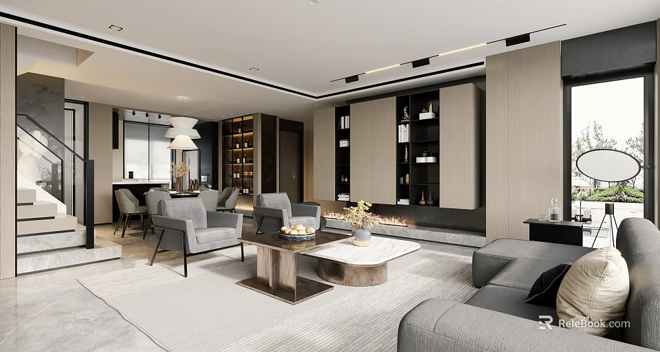 Modern Duplex Living Room Interior With Sofa Coffee Table And Fireplace 3d model