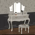 White Vintage Dressing Table With Mirror And Stool On Floral Wallpaper And Dark Wainscoting