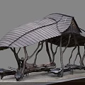 Natural Wooden Pavilion With Curved Tree like Pillars And Stone Bench Seats On Gravel Ground