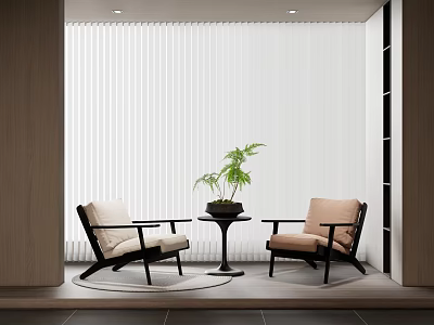 Modern Leisure Chairs in Minimalist Interior with Side Table Green Plant and White Blinds 3d model