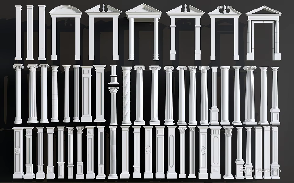 Various White Decorative Columns With Different Architectural Design Styles 3d model