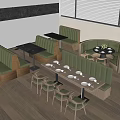 Green Booth Sofas In Restaurant With Wooden Floor And Black Tables 3d model