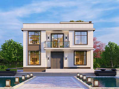 Modern Two Story Detached Villa With Large Glass Windows Stone Pathway And Green Trees 3d model