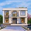 Modern Two Story Detached Villa With Large Glass Windows Stone Pathway And Green Trees