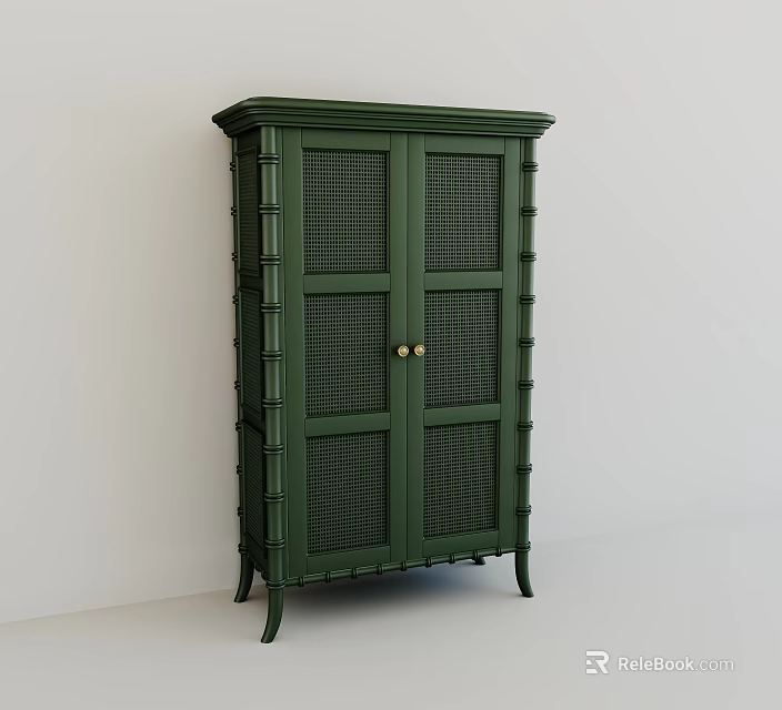 Green Sideboard With Rattan Door Panels Bamboo Style Frame And Brass Handles 3d model 