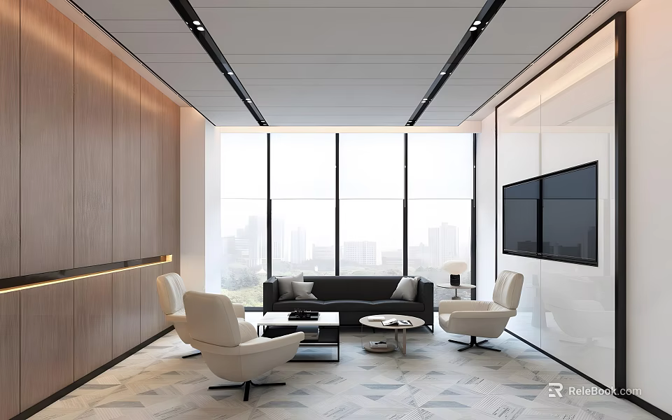 Modern Lounge Area Interior With Sofa And Chairs Coffee Tables Large Windows And City View 3d model 