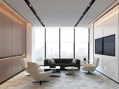 Modern Lounge Area Interior With Sofa And Chairs Coffee Tables Large Windows And City View 3d model
