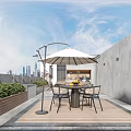 Villa Balcony Outdoor Dining Area With Table Chairs Umbrella And City Skyline View
