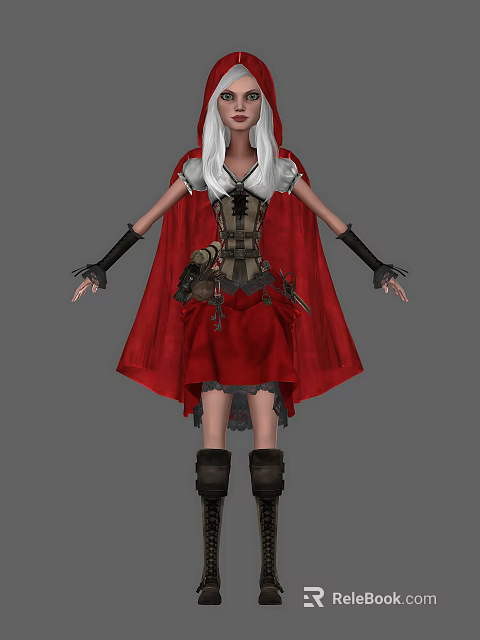 Fantasy Woman With White Hair Red Cape Black Corset Red Dress And Brown Boots 3d model 