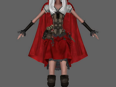 Fantasy Woman With White Hair Red Cape Black Corset Red Dress And Brown Boots 3d model