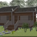 Traditional Wooden Villa With Black Tiled Roof Large Windows Balcony Staircase And Stone Path
